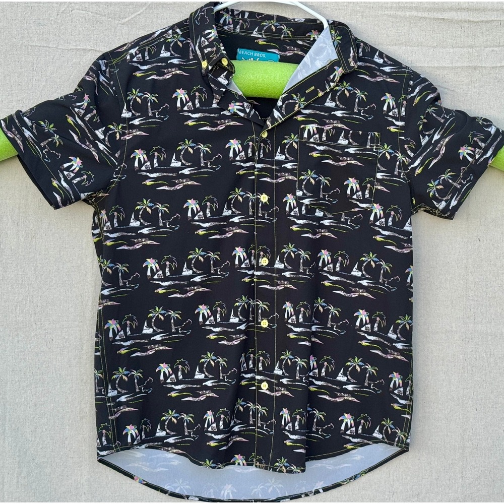 Beach Bros Mens Medium Black Tropical Palm Tree Print Short Sleeve Button Down